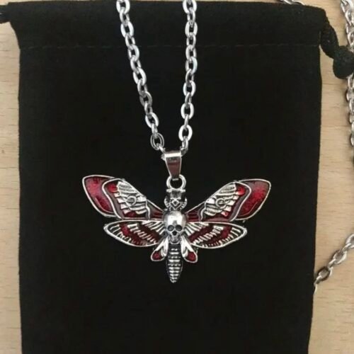 Gothic skull head moth necklace